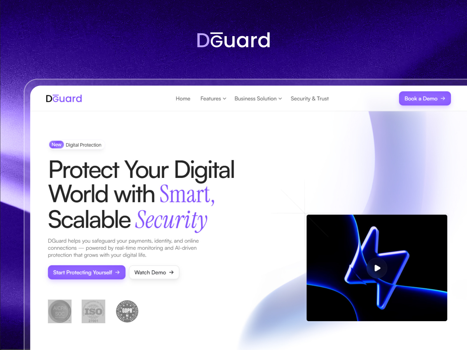 DGuard – Modern AI Security Website 3d ai animation booking design designstudio figma framer framerdesign graphic design landingpage productdesign saaswebsite trending ui ux webdesign website