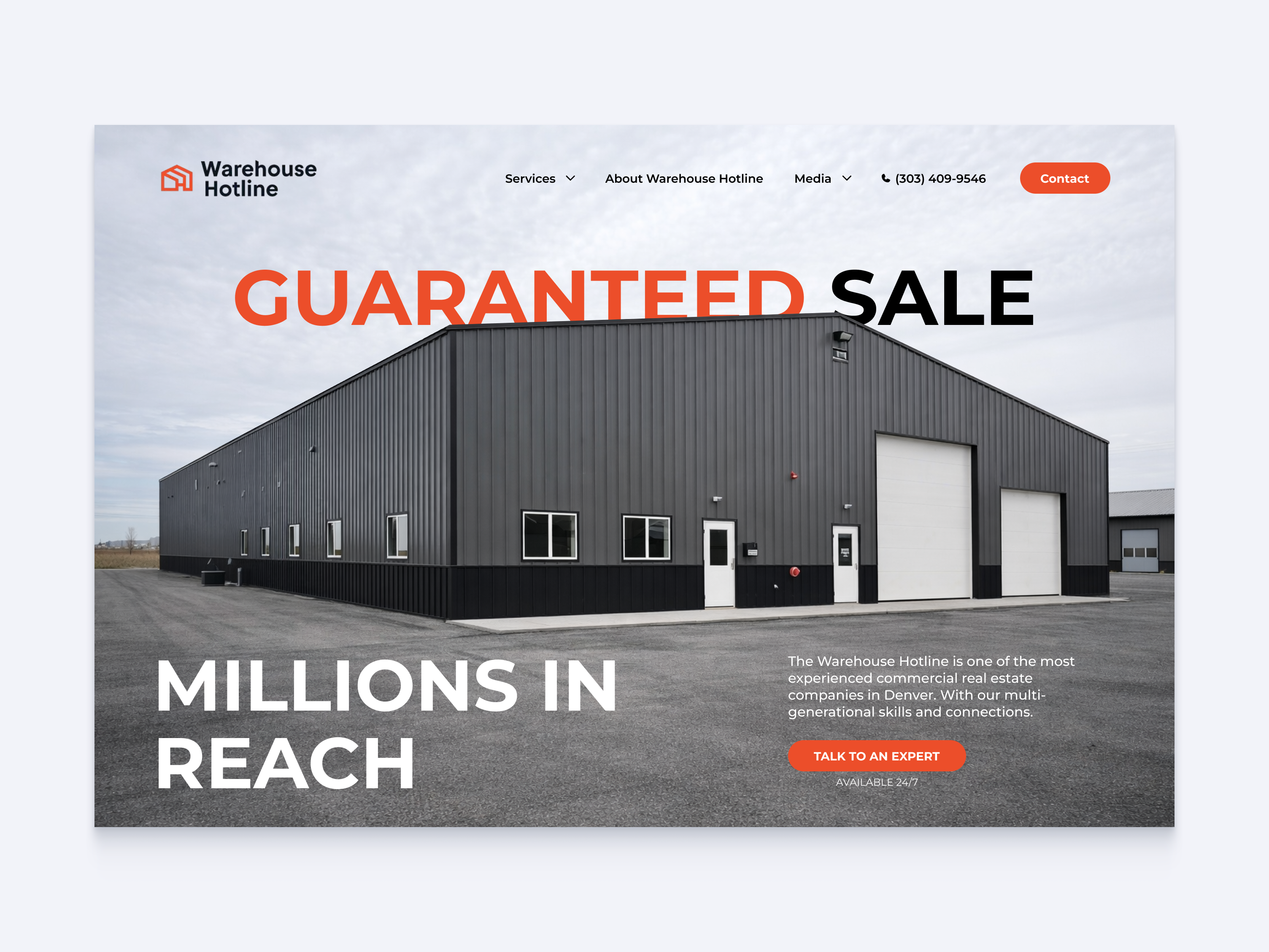 Warehouse Hotline Landing Page Hero bold headline conversion design hero section industrial landing page marketing site minimalist modern orange real estate typography ui warehouse web design