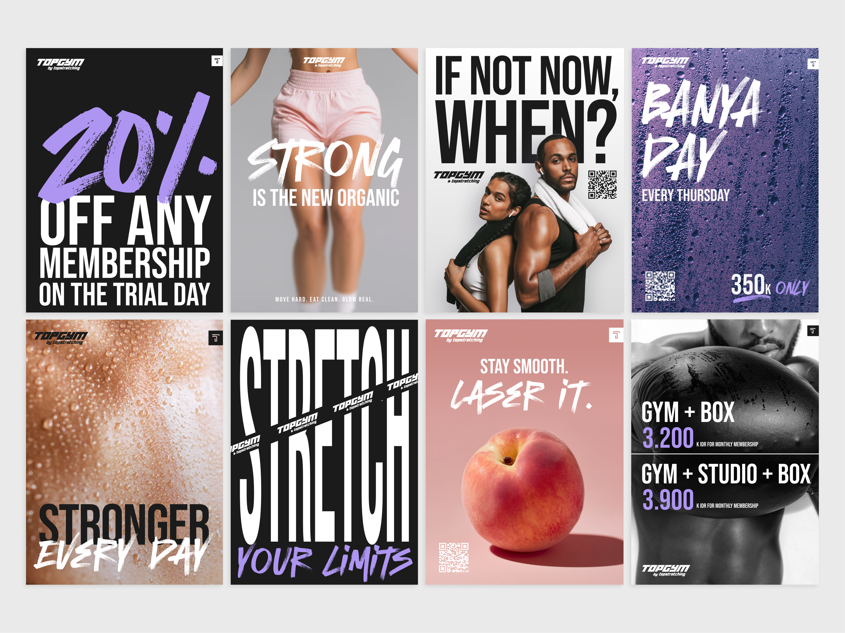 Bold marketing posters series for TOPGYM advertising bold design branding fitness graphic design gym gym aesthetic marketing poster poster design print design typography visual identity