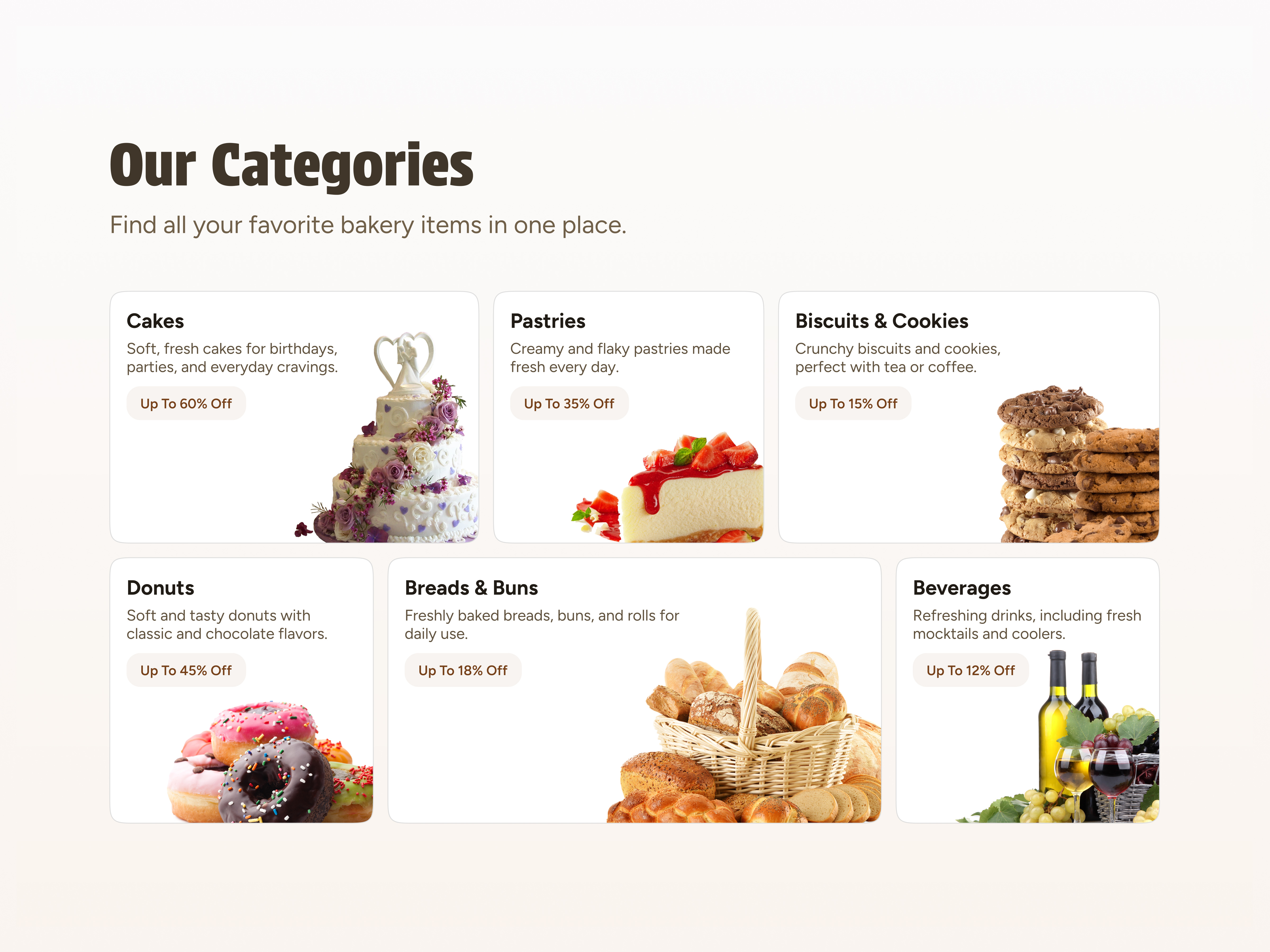 E-commerce Categories Section bakery app bakery ui branding cakewebsite card ui category design clean design dessert ui ecommerce ui food app design food ecommerce food website hover animation micro interactions minimal ui product design ui design ui ux ux design web design
