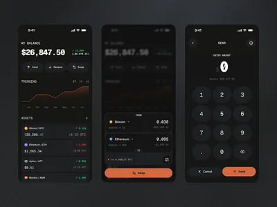 Crypto Wallet & Trading App — Dark Mode Mobile UI balance crypto dark orange dark ui design fintech mobile app ui send money swap crypto transaction ui
