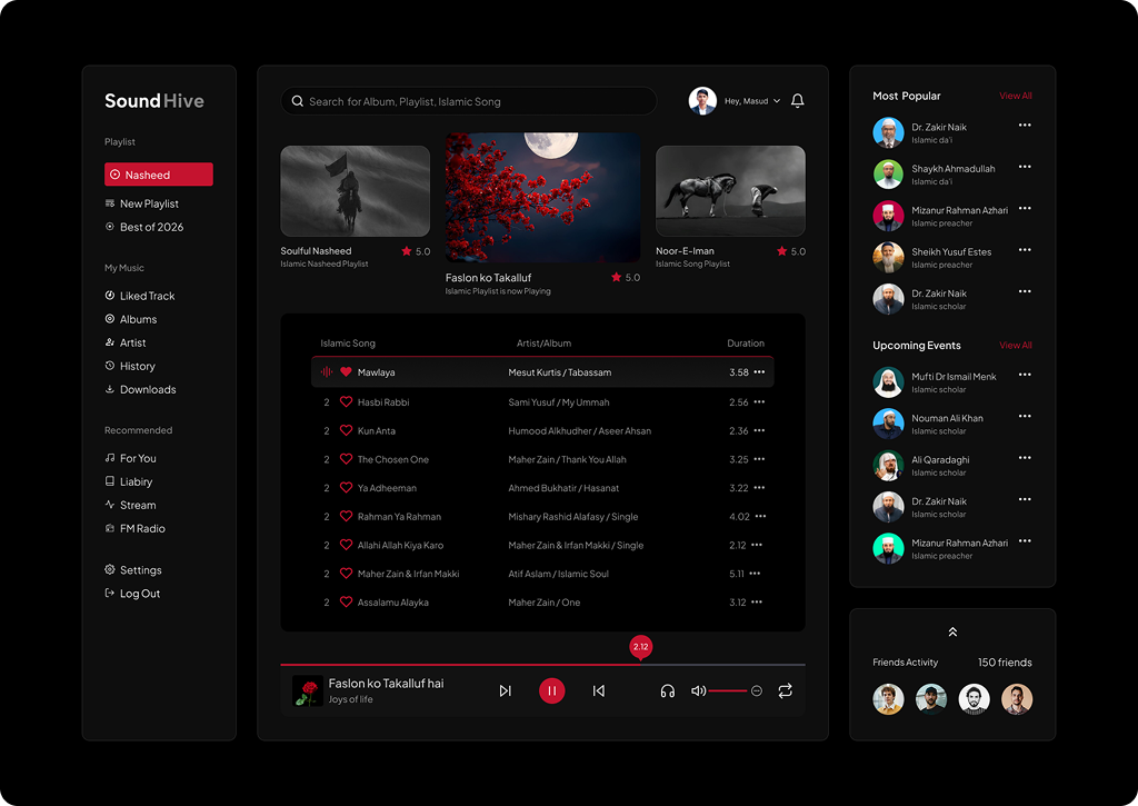 Music Player Dashboard UI Design | Product Design ai music app design branding dark dashboard darkmode dashboard dashboard dashboard design islamic music dashboard logo management modern dashboard motion graphics music dashboard saas product trendy ui ui design ui ux user interface ux design web design