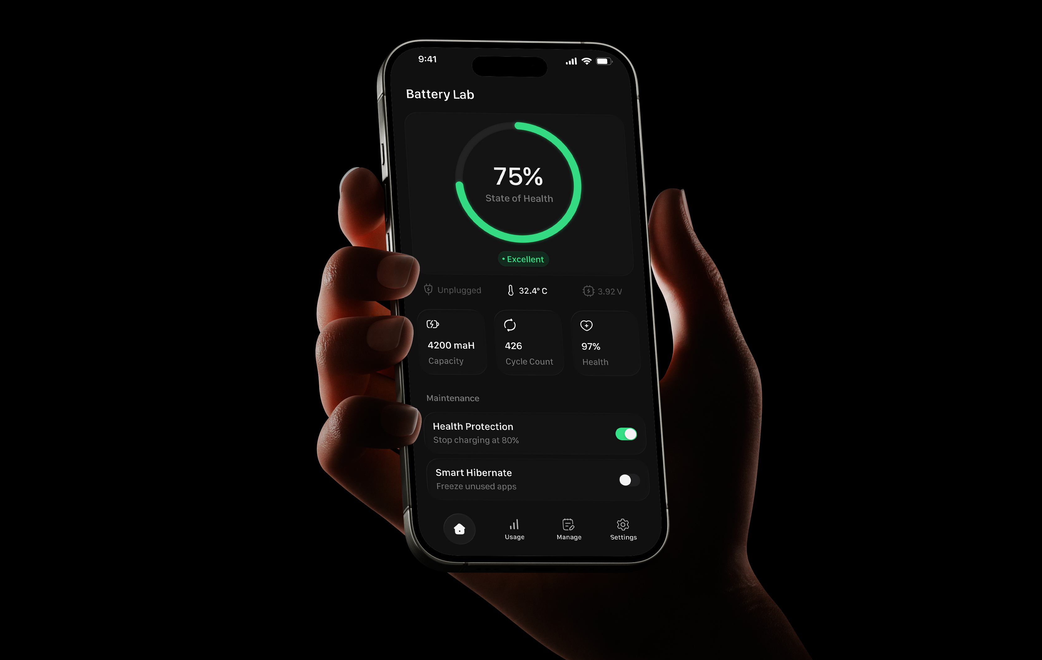 Battery Lab — Battery Health & Usage UI Design batteryapp darkmode darkui glassmorphism healthapp minimal mobileapp modernui neumorphism powerdashboard