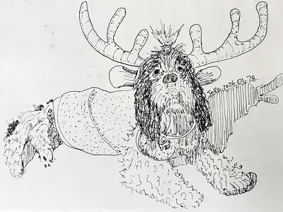 Another dog, that looks like a cow, dressed as a reindeer 😂 dog doodle drawing joselorochaart pen and ink reindeer