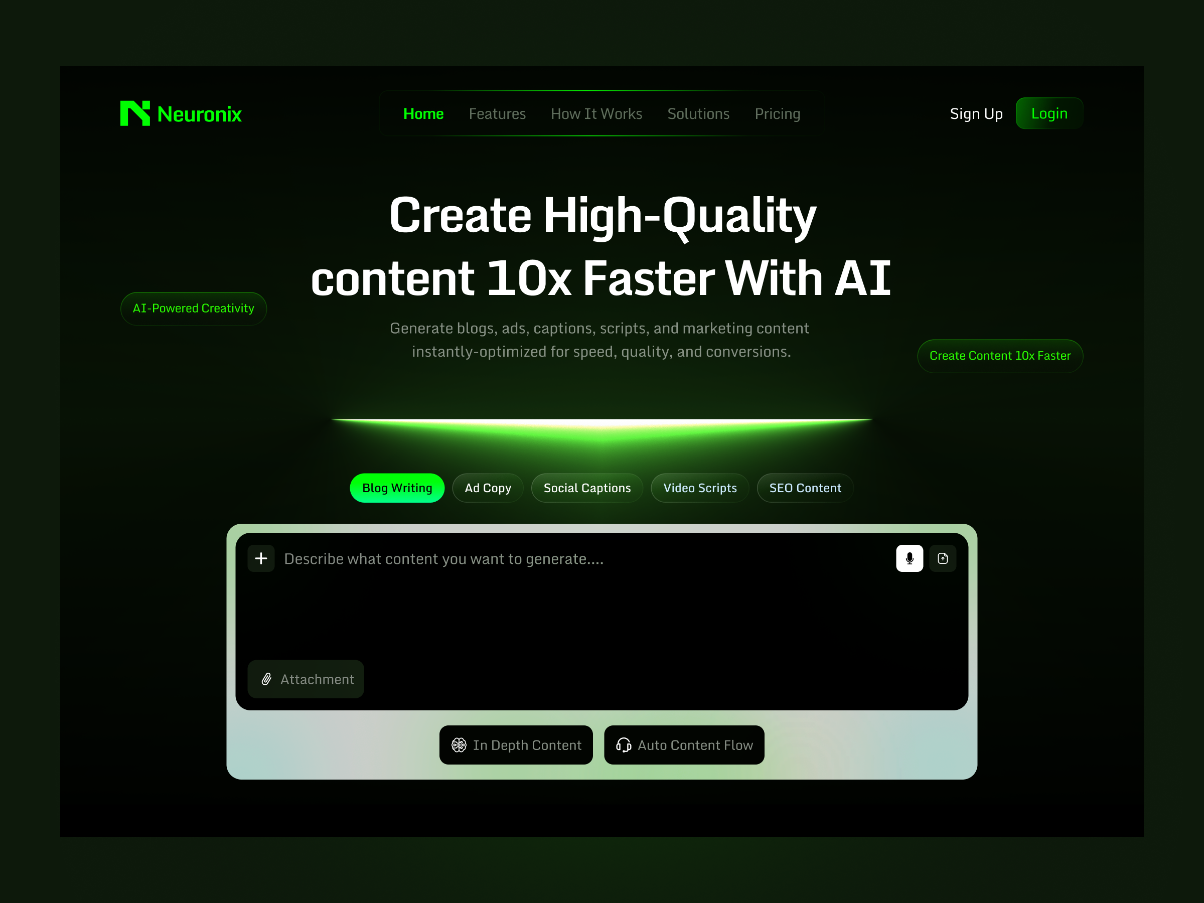 AI Content Generator – Hero Section UI Design ai ai content generator artificial intelligence content creation dark ui futuristic hero section product design saas ui design ux design web design