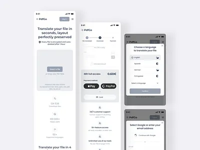 PDFGo - Translate your file app conversion design mobile mockups responsive retention translation ui ux wireframes