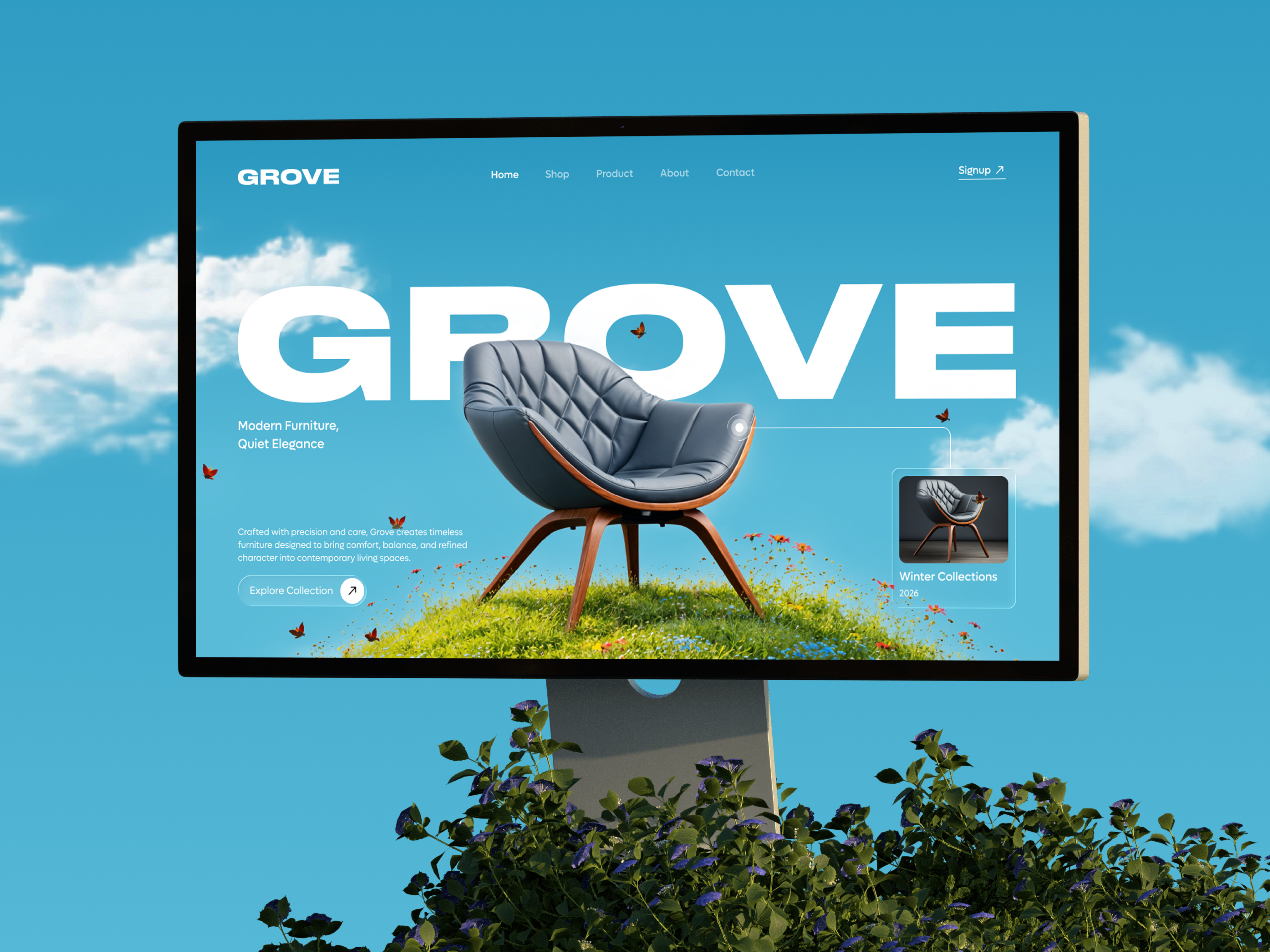 GROVE - Modern Furniture Landing Page - Hero Section UI Design 3dweb dribbble ecommerceui furnitureui herosection landingpage minimalui modernui productdesign uidesign uxdesign webdesign