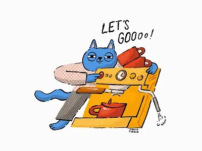 Okaaaaay, Let's Goooo! cat character coffee coffee cup espresso espresso machine illustration movement