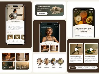 Holistic Wellness & Traditional Chinese Medicine App UI earthy ui aesthetic energy practice app gut health health education ux holistic health internal energy meditation design mindful movement poppins font tcm app ui traditional chinese medicine wellness dashboard