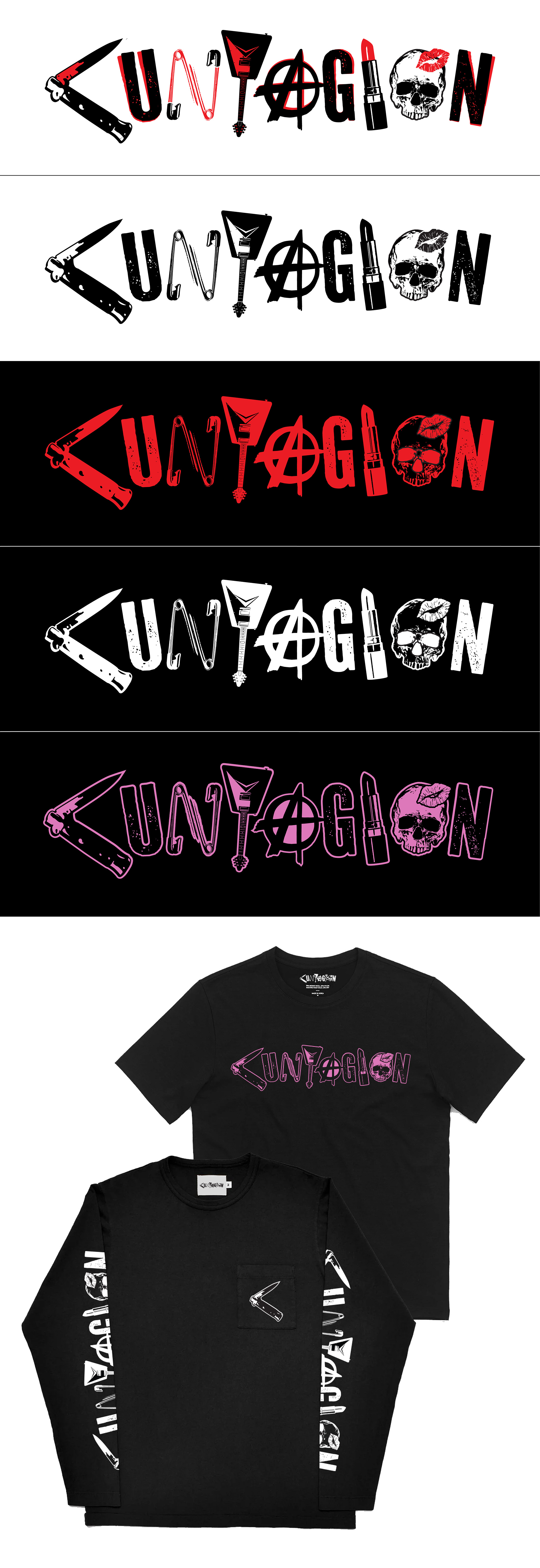 Female Punk Band logo anarchy band logo band tee digital art guitar illustration kiss lipstick logo design merch punk punk rock safety pin skull switchblade vector