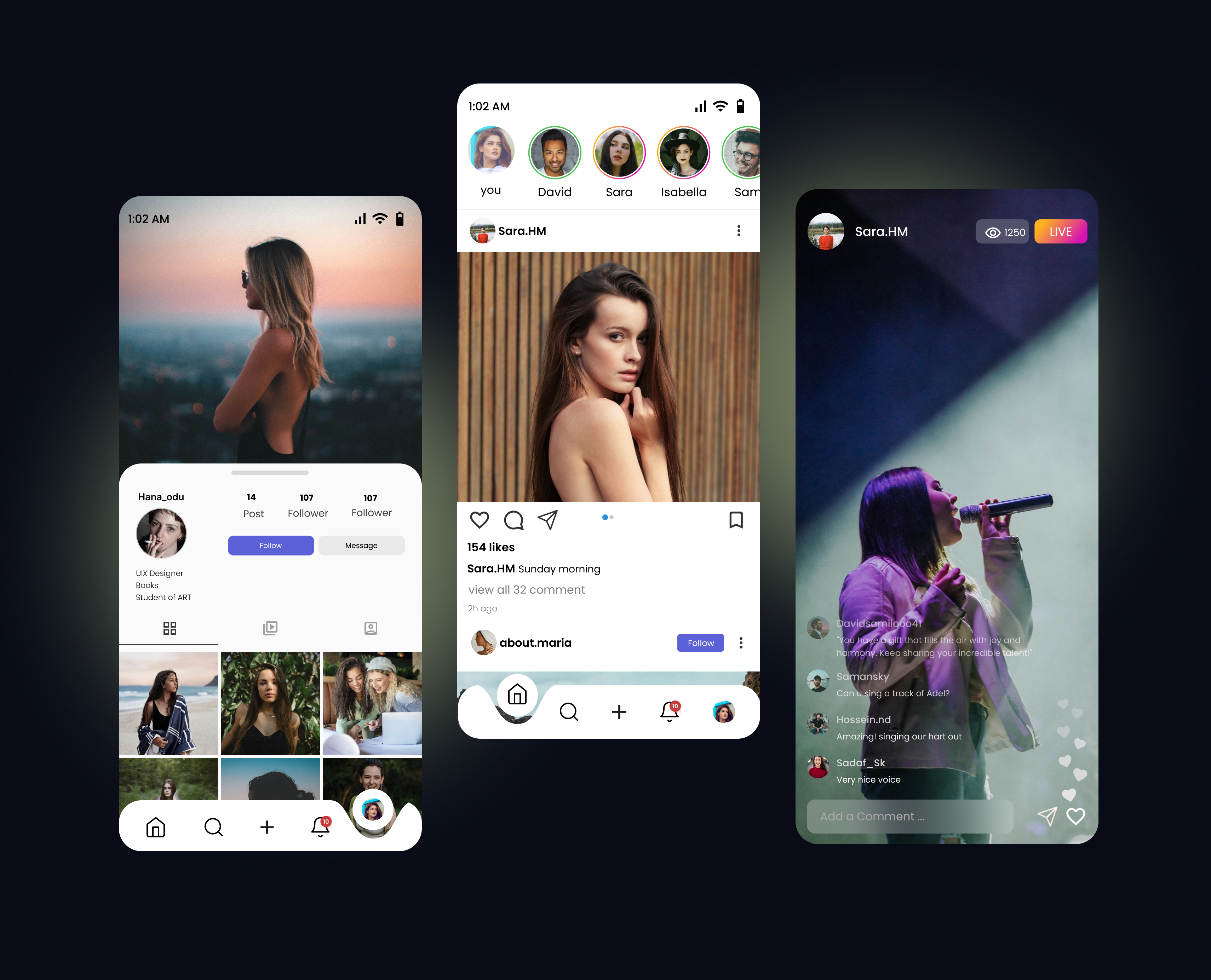 Social Media App explore page live streaming mobile app profile screen social media social app socialmedia