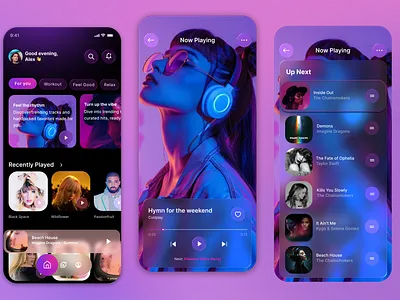 🎧 Immersive Music Player — Rethinking Focus, Flow & Feel app branding dark ui design frosted glass frostedglass glassmorphism hci home screen illustration interaction design ios mobile app music app musix expereince now playing product design queue ui ux