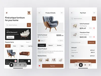Furniture E-Commerce App app design e commerce ecommerce ecommerce app furniture app furniture design furniture store home app interior design minimal design mobile mobile app modern furniture e commerce online shopping online store product design shop shop ui shopping app ui design
