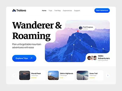 Trailova - Mountain Adventure & Travel Platform Landing Page adventure travel booking platform clean interface dribbble landing page modern design mountain exploration tour operator travel platform ui design web design