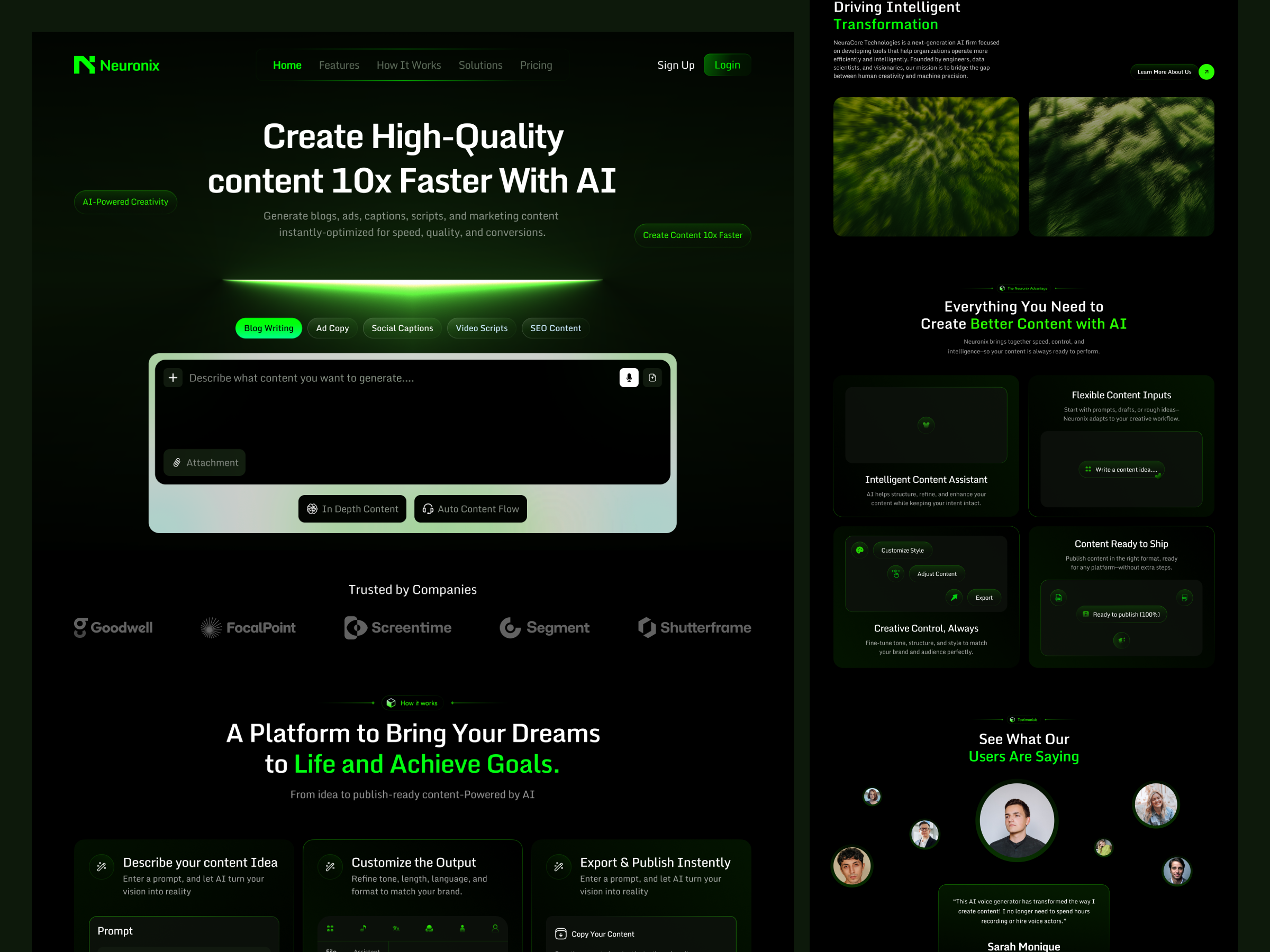 AI Content Generator Landing Page UI – Dark Mode SaaS Website ai ai content generator ai tool content generator futuristic design landing page modern ui product design saas saas website startup ui design ux design web design