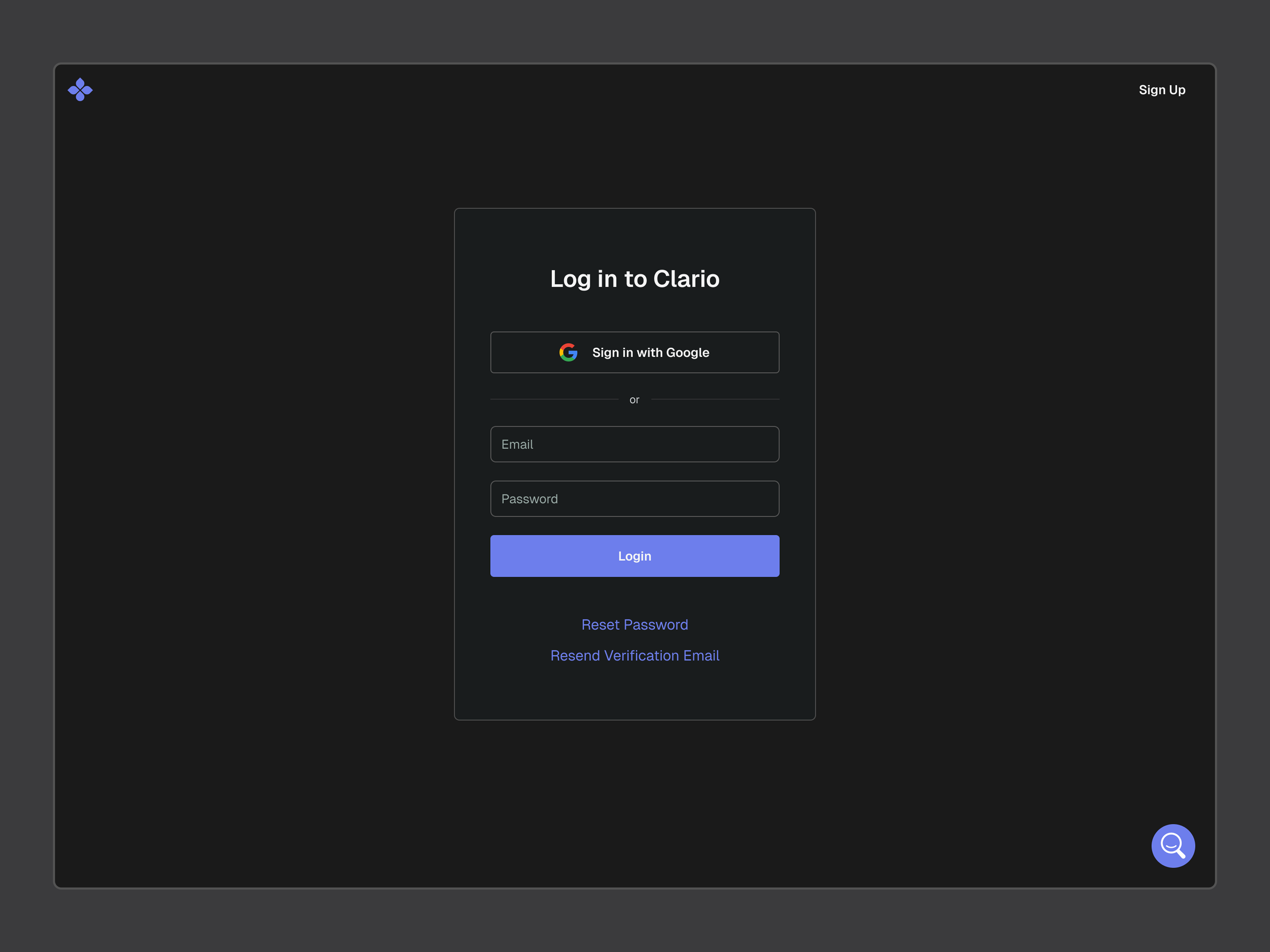 Clario - Sign In Page authentication black branding createaccount dark darkmode dashboard forgotpassword form login mobile purple register responsive signin signup ui ux verificaton website