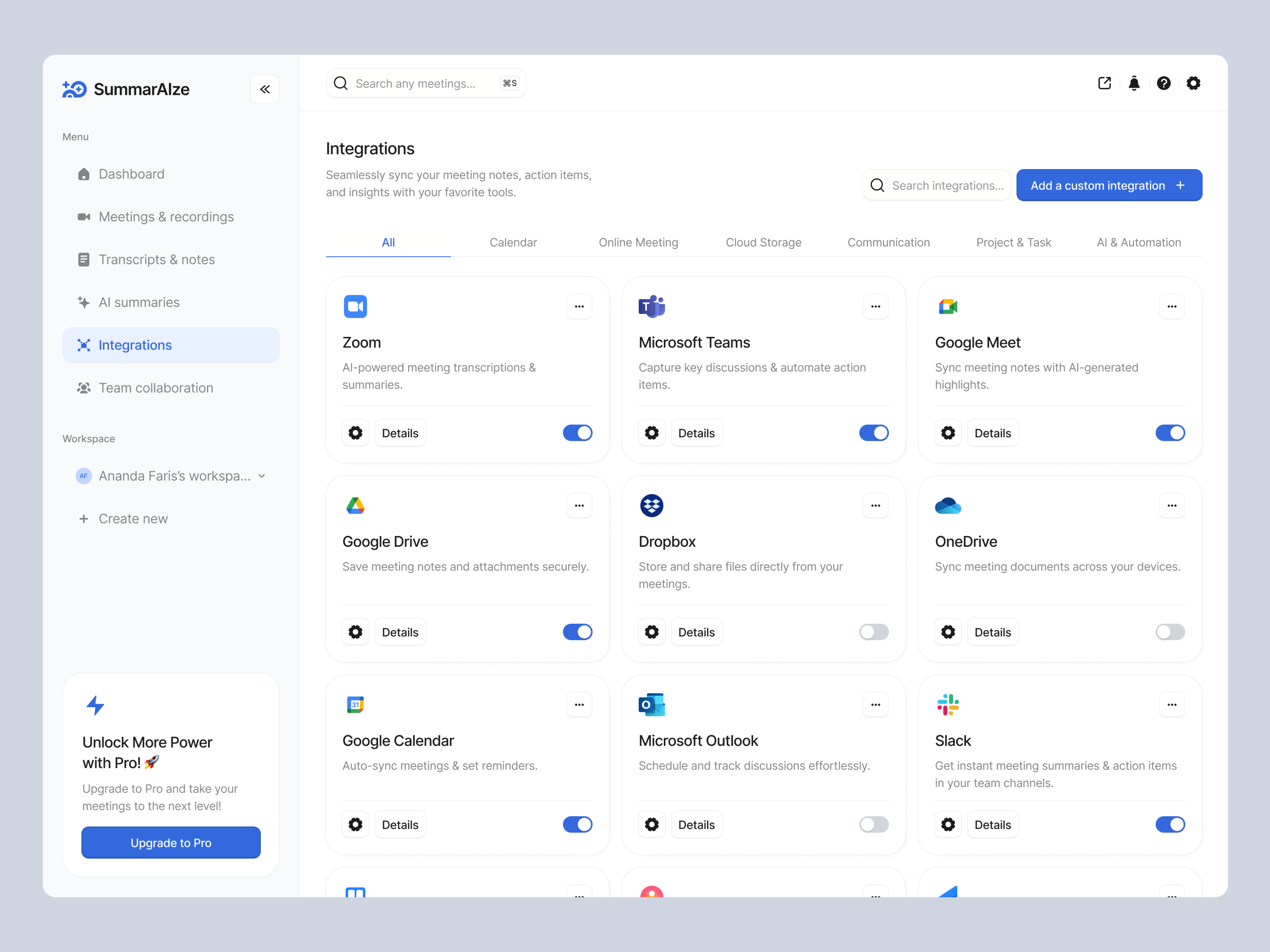 AI Meeting Transcription Dashboard Integrations Page ai ai meeting ai meeting dashboard ai meeting integration dashboard ai meeting transcription apps dashboard design integration meeting minimal modern transcription ui ui design ux design website