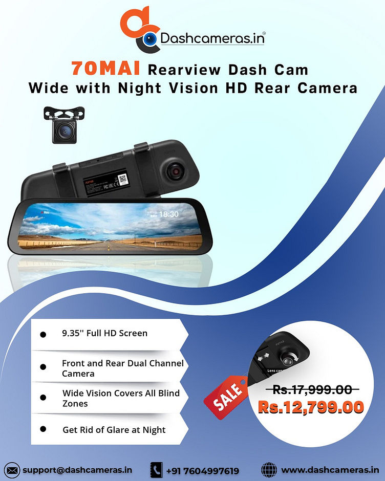 70MAI Rearview Dash Cam wide with Night Vision HD Rear Camera by