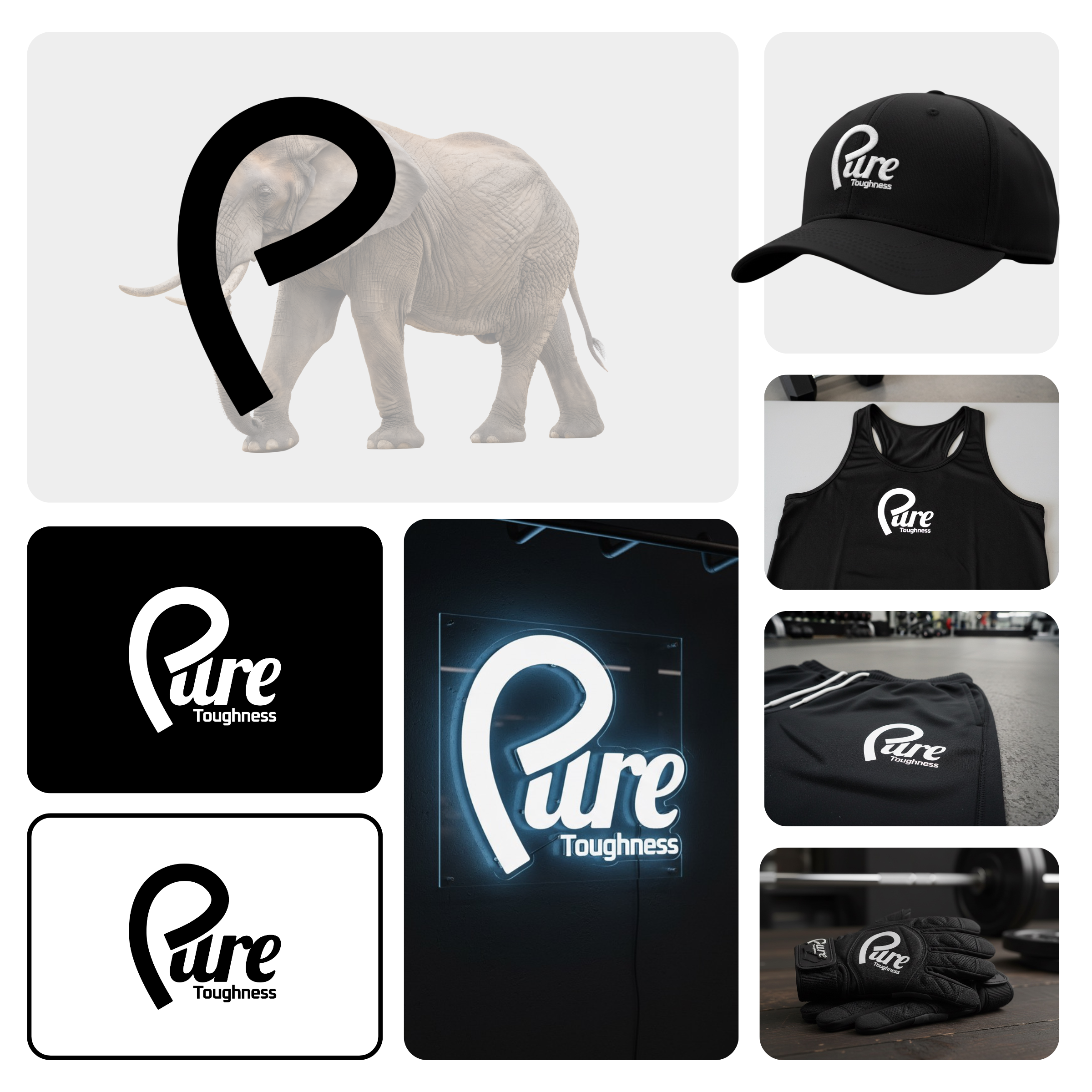 Pure Toughness Gym Logo | Elephant Trunk Letter P | Custom Logo athletic branding black and white logo brand identity custom logo custom typography elephant logo elephant trunk design fitness branding fitness logo gym branding gym logo hand drawn logo lettermark logo design minimalist logo pure toughness sports logo strength logo typography design workout branding