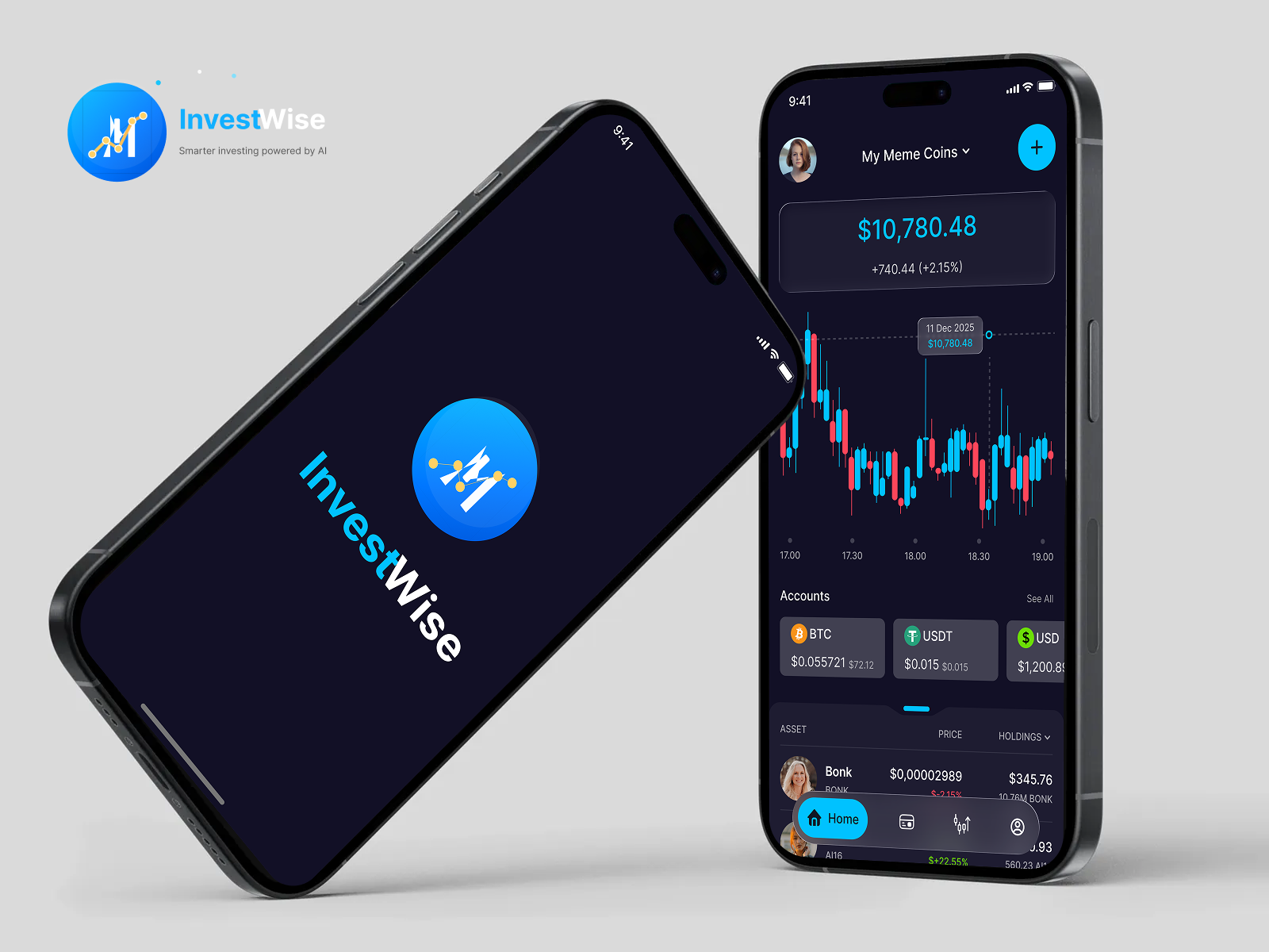 InvestWise AI — Crypto Money Management App UI Design ai appdesign crypto darkmode figma fintech graphic design iso logo memecoin mobile banking mobileapp money management tradingapp ui uidesign ux uxdesign wallet
