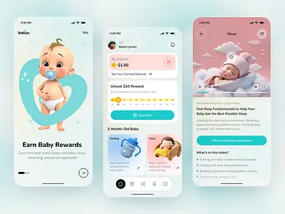 Baby Care App UI – Parenting Rewards, Sleep & Feeding Experience 3d app app design baby care app baby growth baby rewards feeding app health app ios kids app mobile mobile app parenting app parenting experience sleep tracking ui ui design