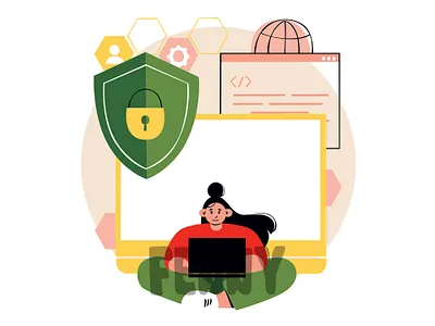 A Woman Depicted Sitting Using a Laptop awareness background cloud communication computing concept connection data internet online protection safer safety server service software solutions storage tech technology