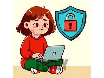 Cartoon Illustration of Girl Sitting with Laptop awareness background cloud communication computing concept connection data internet online protection safer safety server service software solutions storage tech technology