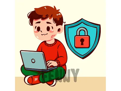 Cartoon Boy Sitting with Laptop and Shield awareness background cloud communication computing concept connection data internet online protection safer safety server service software solutions storage tech technology