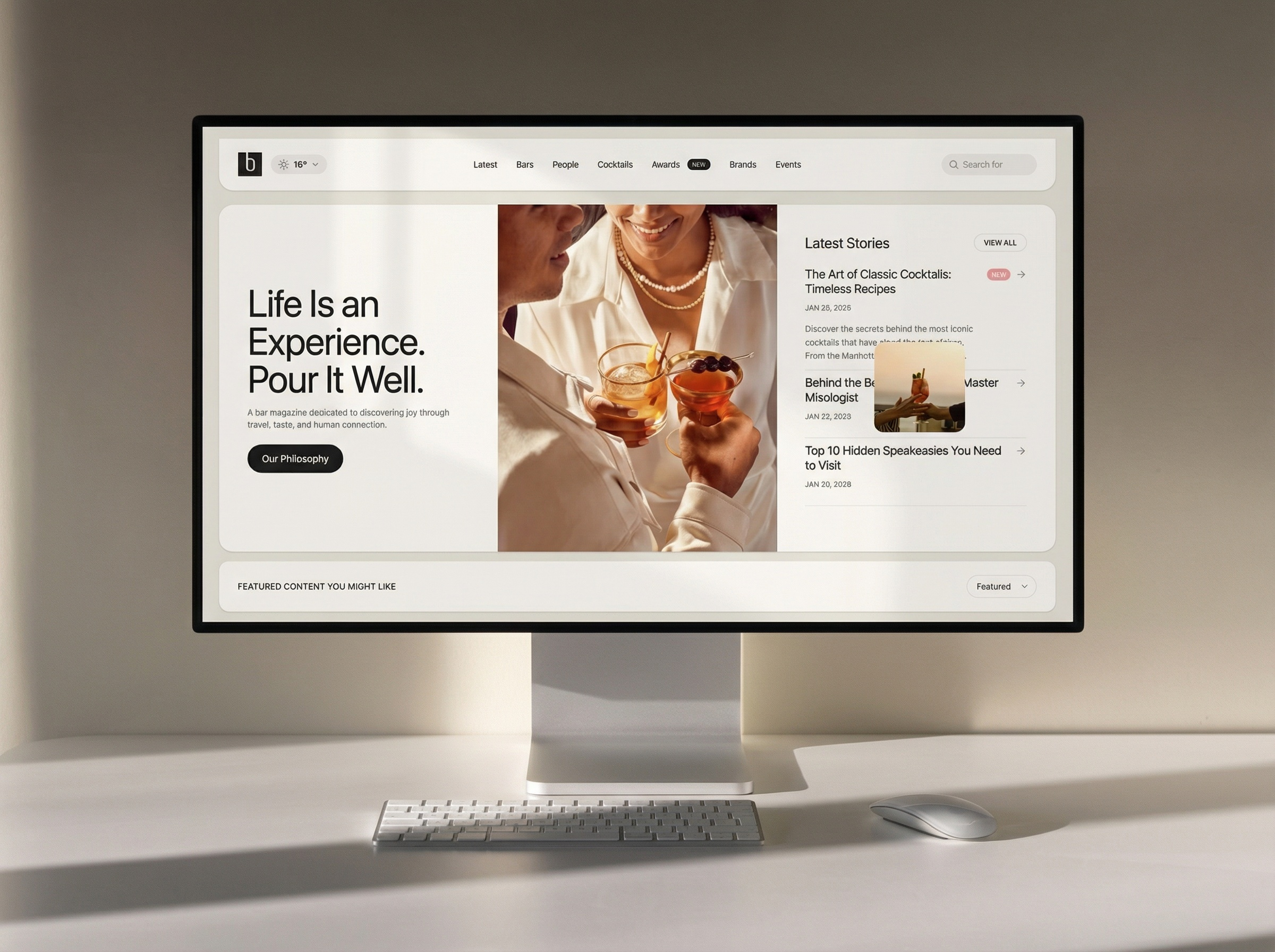 A custom-built editorial website for BarMagazine from Cali. bar blog built coded editorial fashion frontend magazine minimal minimalistic mockup modern stylish typography ui web design website