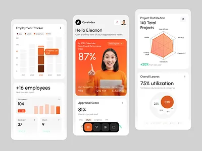 CoreIndex - Performance Management Mobile Dashboard app best dashboard design elegant employee growth hiring management minimalist mobile modern organization performance professional projects talent ui utilization ux