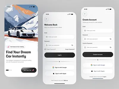 Luxury Car Marketplace App — Onboarding & Login UI app design app designer car buy car marketplace login pages login signup ui luxury car buy mobile app luxurycarapp marketplace marketplace app minimal app mobile mobile app mobile app designer onboarding onboardingdesign signup pages ui designer uiux vehicle app