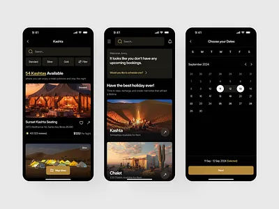 Travel Booking Mobile App UI Design | Stay Listing & Date Select animation app app design dark mode travel app dark mode travel app ui design hotel booking app ios app design luxury travel app mobile mobile app design mobile booking app interface product design resort booking app travel app ui vacation rental app