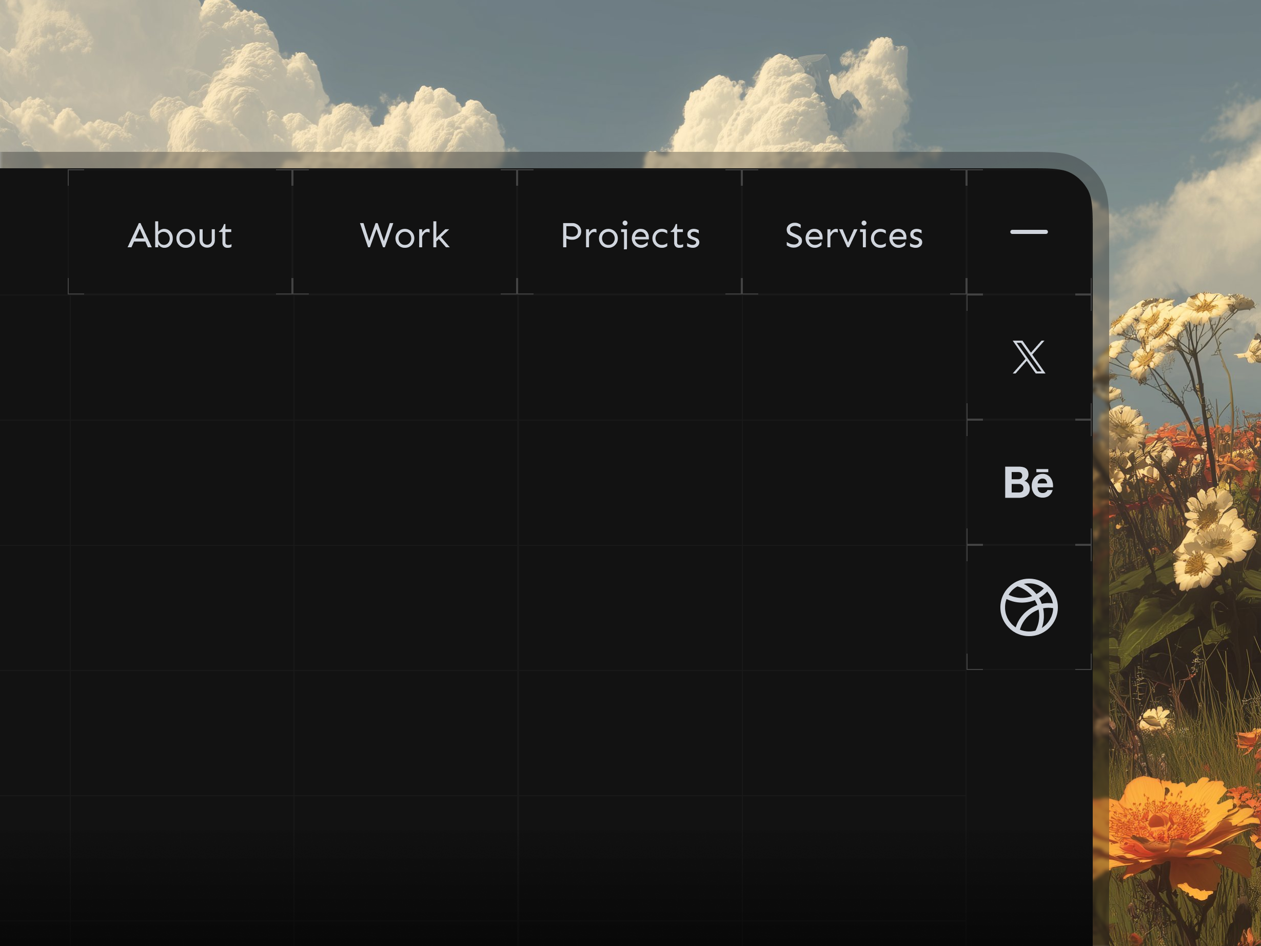 Expandable Navigation – Dark Mode animation dark mode figma glassmorphism interaction menu micro interaction minimal motion design navigation portfolio prototype ui ux web design