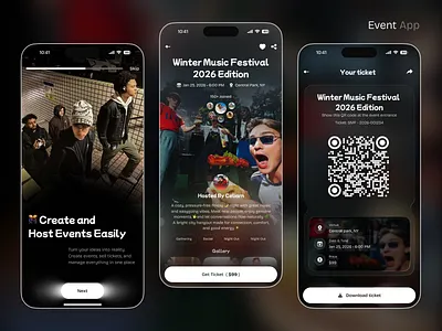 Event App UI | Event Details | QR Ticket app design community app creative design dark ui event event app event discovery interaction design juice lab mobile app ui modern ui music event product design social app startup design ticket ticketing app ui ux design user experience ux case study