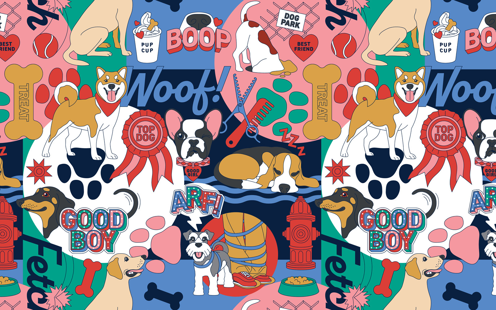 CHARACTER LED DOG ILLUSTRATIONS/PATTERNS - Pet Branding dog branding dog illustration dog wellness doggy daycare branding freelanceillustrator hoarding illustration hoarding mural illustrated pattern illustration installation interior mural mural mural illustration packaging design pattern pet brand pet branding pet illustration seamless pattern visual identity