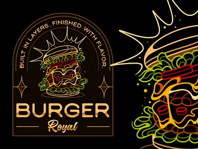 BURGER ROYAL DESIGNS burger burgerlogo food foodlogo illustration illustrationfood lineart lineartdesigns