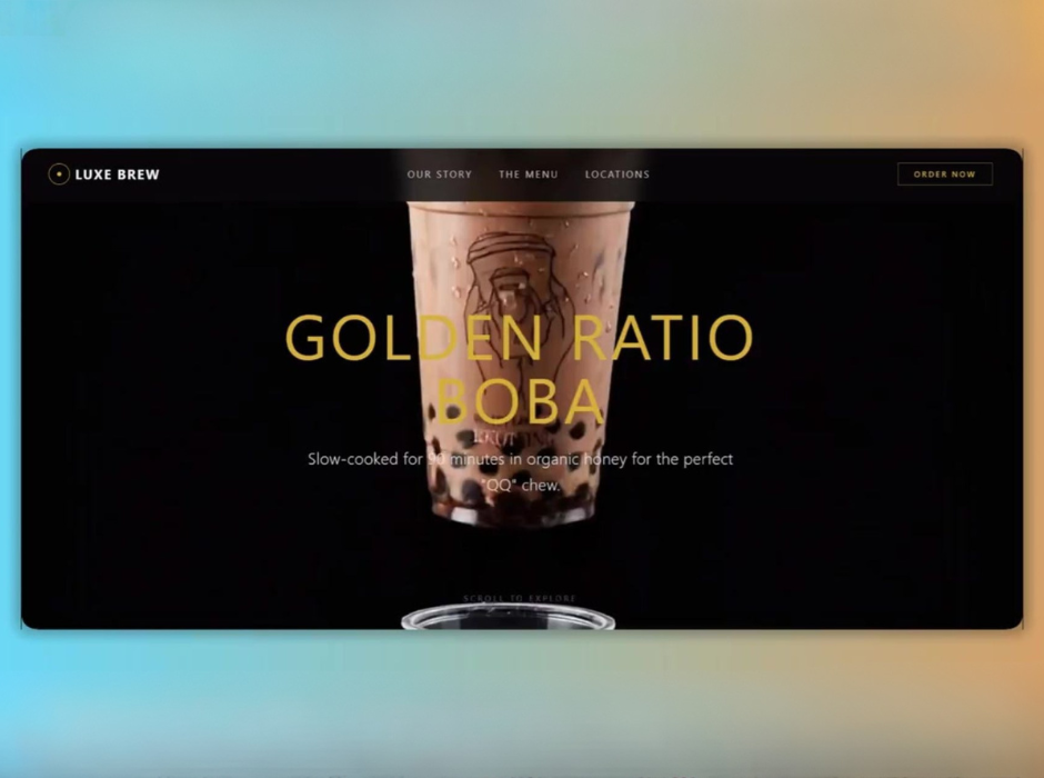 LuxeBrew – Animated Website Concept for a Beverage Brand 3d animated website animation branding digital product figma interaction design motion design motion graphics startup ui ui ux web design