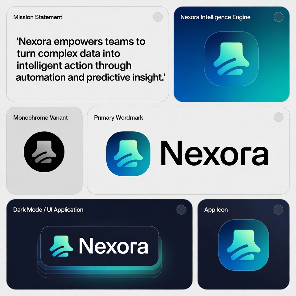 Nexora Logo Design abstract logo mark ai branding app icon design automation platform branding clean grid layout corporate tech visuals data driven design digital product branding futuristic brand system gradient logo design innovation branding minimal brand layout modern logo design modern typography saas brand design scalable brand system software company identity tech startup identity technology brand identity ui branding