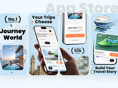 App Store Screenshots - Travel App app design app store app store assets app store design app store presentation app store preview app store screenshots booking app destination discovery ios app design ios app store journey app mobile app design tourism app travel travel booking travel experience trip planner vacation app