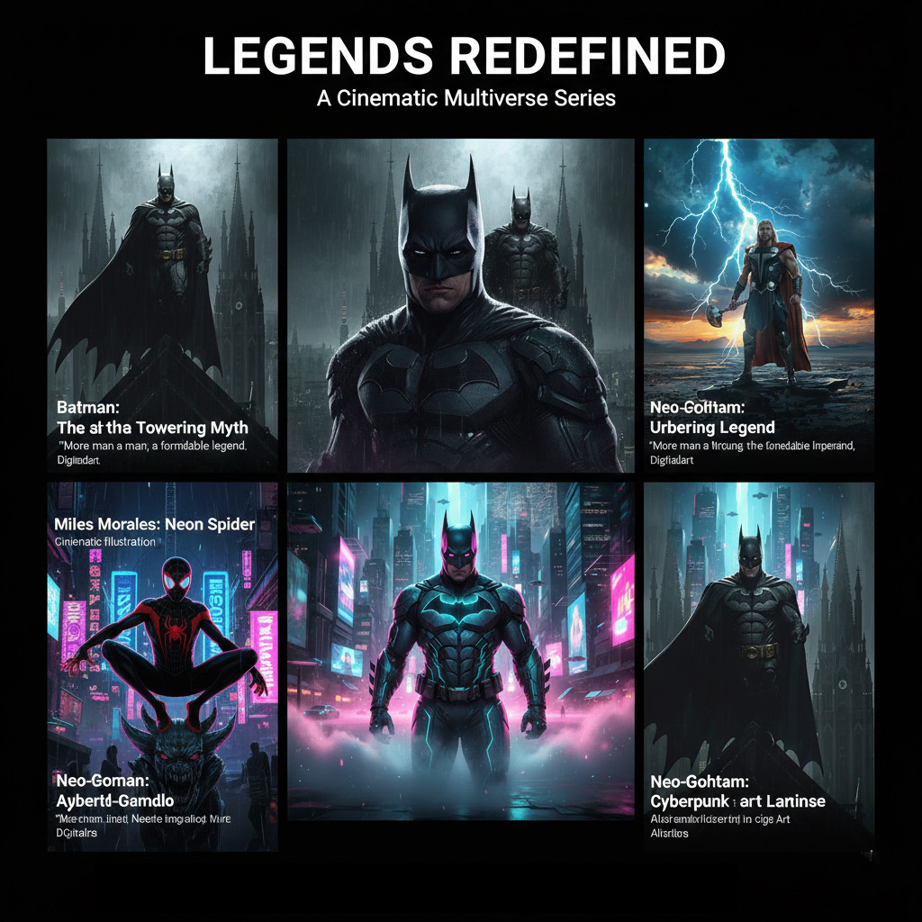 LEGENDS REDEFINED: A Cinematic Superhero Series ai art atmospheric character design cinematic lighting concept art dark knights dc comics digital art graphic design marvel marvel character superhero illustration visual storytelling
