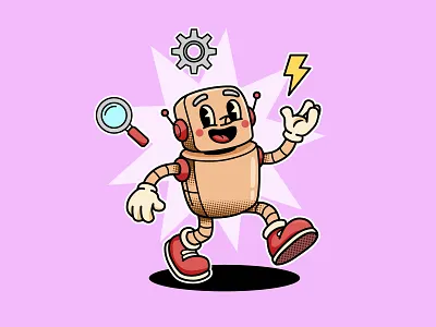 Retro Tech Bot Mascot Vintage Character 1930s animation branding cartoon character design digital art flat design gear halftone icon lightning magnifying glass mascot retro robot rubber hose sticker technology vector vintage