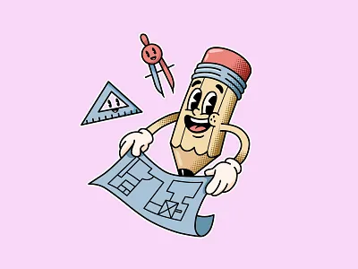Retro Pencil Architect Mascot Illustration 1930s architect blueprint branding cartoon character design compass creative flat color halftone illustration logo design mascot pencil retro rubberhose ruler sticker vector vintage