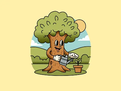Nurturing Growth - Vintage Mascot Illustration 1930s style branding cartoon character design environmental flat design gardening growth halftone illustration logo design mascot nature organic retro rubber hose sustainability tree vector vintage