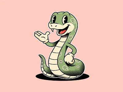 Vintage Snake Mascot: Classic Rubber-Hose Style 1930s branding cartoon character design classic creature graphic design green halftone illustration ink mascot reptile retro rubber hose snake sticker texture vector vintage