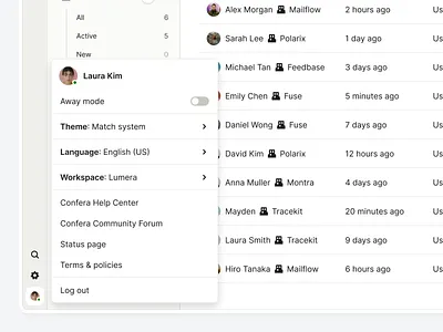 Confera - Navigation Bar app cleanui dashboard lightmode links menu nav navigation navigationbar popover popup sidebar theme ui ux vertical website workspace