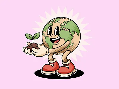 Vintage Earth Mascot - Sustainability Illustration 20s 30s branding cartoon characterdesign earth ecofriendly environment globe green halftone mascot nature popart retro rubberhose sprout sustainability vector vintage