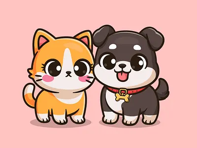 Cat and Dog Couple🐱🐶 animal bone branding cat character couple cute dog doodle flat friendship icon illustration logo necklace pet playful relationship team