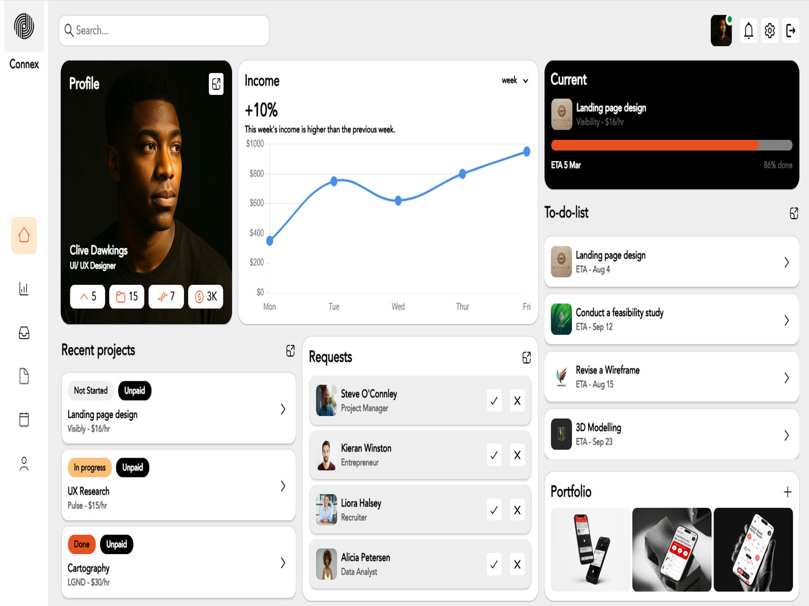 Connex - Project Tracking Application analytics app clean css dashboard html income minimal portfolio project requests to do list track ui ux