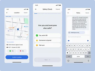 Car Accident Reporting App - Insurance Mobile UI accessibility claim process crisis design emergency app empathy design figma guided flow insurance app ios app mobile app mobile ui onboarding product design service design step by step stress design ui design user flow user research ux design