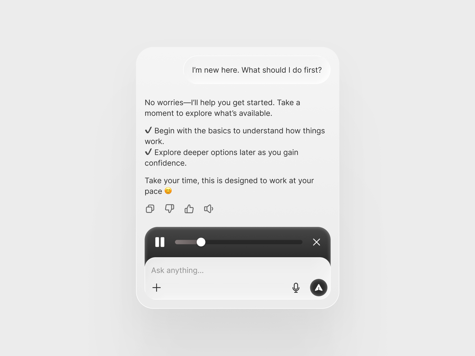 Audio Player Interaction - AI Assistant UI ai ai assistant ai chat ai interface audio ai audio player audio ux chat ui glass interaction interaction design ios 26 liquid minimalist modern premium ui app voice animation voice interaction voice ui
